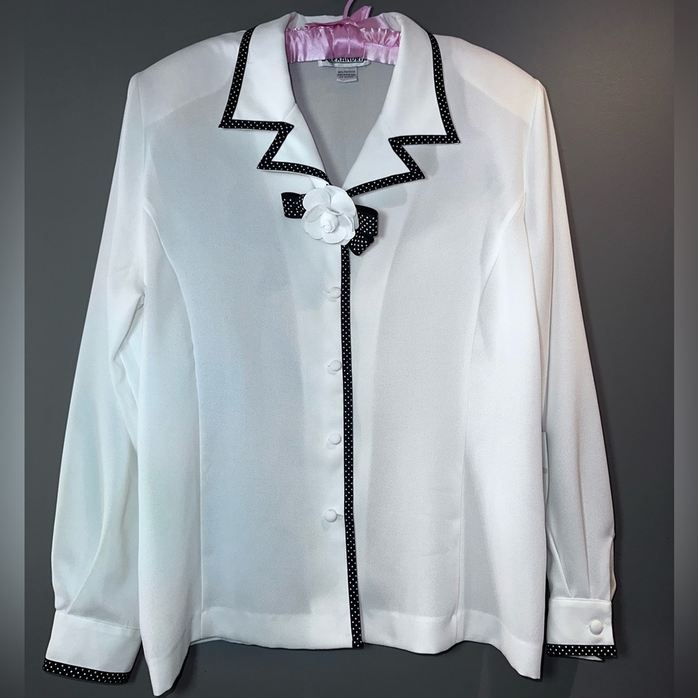 Vintage Alexandria Polka Dot Trim Blouse 12 White Zigzag Collar Rose Accent